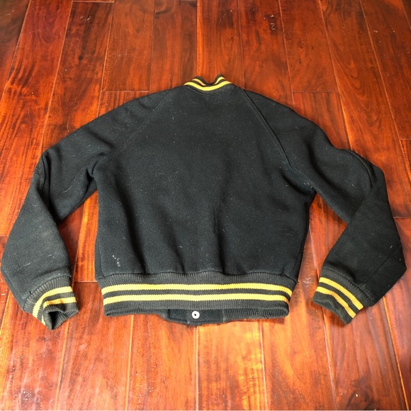 50s Black Gold Wool Letterman Varsity Jacket Distressed Athletic Satin Lining - Picture 4 of 10